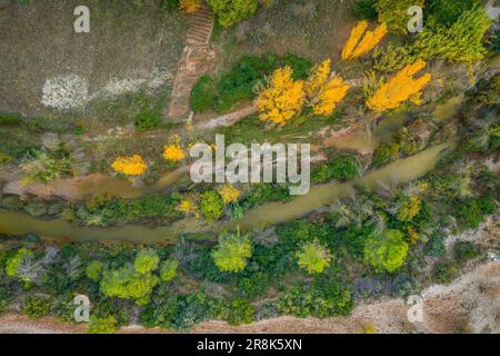 Vue aérienne zenithal de la rivière Algars qui traverse Arnes, le jour de l'automne (Terra Alta, Tarragone, Catalogne, Espagne) Banque D'Images