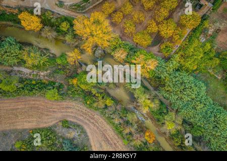 Vue aérienne zenithal de la rivière Algars qui traverse Arnes, le jour de l'automne (Terra Alta, Tarragone, Catalogne, Espagne) Banque D'Images