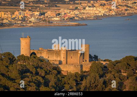 Château de Bellver et baie de Palma au coucher du soleil, vue du point de vue de Na Burguesa (Majorque, Iles Baléares, Espagne) ESP: Castillo de Bellver y Palma Banque D'Images