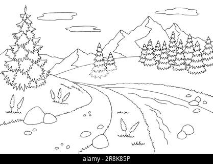 Chemin le long d'un ruisseau dans les montagnes graphique noir blanc paysage dessin illustration vectorv Illustration de Vecteur