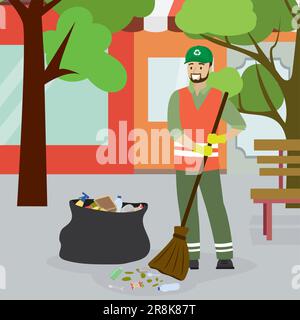 Récupérateur de déchets et sac poubelle avec ordures. Caricature Homme personnage ouvrier en uniforme sur la rue de la ville. Vue sur la ville en arrière-plan. Illustrat vectoriel plat Illustration de Vecteur