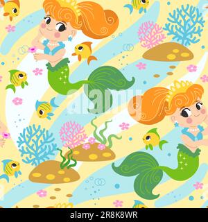 Motif puéril sans couture avec de mignons mémaid heureux dans le monde sous-marin. Illustration vectorielle style plat. Texture enfant créative pour le design, l'impression et le lin Illustration de Vecteur