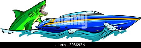Le requin affamé attaque le yacht de l'eau de l'océan. Illustration de Vecteur
