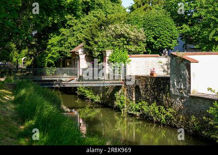 Ponts d'accès enjambant le Grand Morin pour atteindre quelques jardins privés et des cours à Crécy la Chapelle, un village de Seine et Marne à Paris r Banque D'Images