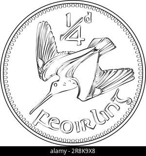 Irish Money la pièce d'or pré-décimale Farthing avec woodcock au verso. Image en noir et blanc Illustration de Vecteur