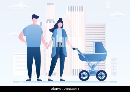 Couple d'amour heureux avec poussette de bébé. Vue sur la ville en arrière-plan. Personnages adultes dans un style tendance. Illustration vectorielle plate Illustration de Vecteur