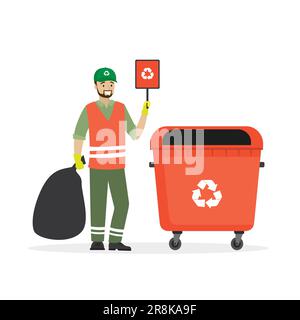 L'employé nettoie les déchets avec une affiche de recyclage et une poubelle. Concept de recyclage de dessins animés isolé sur fond blanc. Personnage masculin souriant en uniforme Illustration de Vecteur