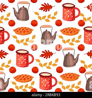 Modèle sans couture de thème d'automne avec tarte à mug rouge et illustration vectorielle de bouilloire Illustration de Vecteur