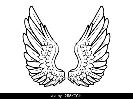 classique magnifique ange ailes d'oiseau à plumes vertical noir et blanc contour vectoriel isolé sur fond blanc Illustration de Vecteur