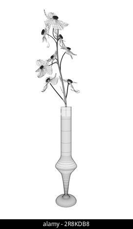 Image filaire de fleurs dessin de ligne d'art vectoriel dans un vase pour la décoration. Bouquets de fleurs en vase, illustration vectorielle. 3D. Illustration de Vecteur