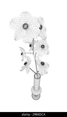 Image filaire de fleurs dessin de ligne d'art vectoriel dans un vase pour la décoration. Bouquets de fleurs en vase, illustration vectorielle. 3D. Illustration de Vecteur