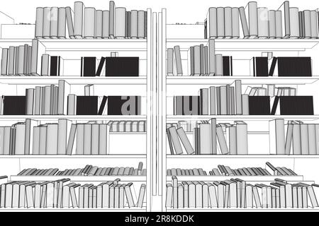 Vecteur d'arrière-plan de l'étagère du livre de bibliothèque. Maquette d'étagère avec livres vierges. Wireframe Books on the clayettes simplement rétro illustration vectorielle. ligne d Illustration de Vecteur