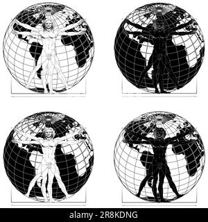 Conception vectorielle de l'homme vitruvien de Léonard de Vinci, Etude des proportions idéales du corps humain, avec la planète Terre en arrière-plan Illustration de Vecteur