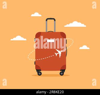 Bagages avec avion volant et nuages sur fond orange. Concept de voyage. Illustration vectorielle plate Illustration de Vecteur