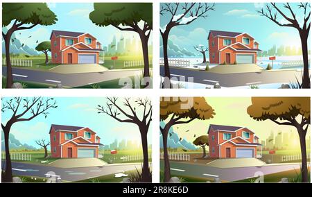 vector illustration maison de chalet moderne parmi les arbres dans le champ de campagne verdoyant à l'extérieur de la ville. en quatre saisons, winte, printemps, été et Illustration de Vecteur