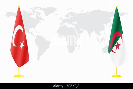 Drapeau de la Turquie et de l'Algérie pour une réunion officielle sur fond de carte du monde. Illustration de Vecteur