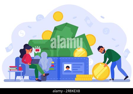 Couple heureux gagnant de l'argent et comptant le budget Illustration de Vecteur