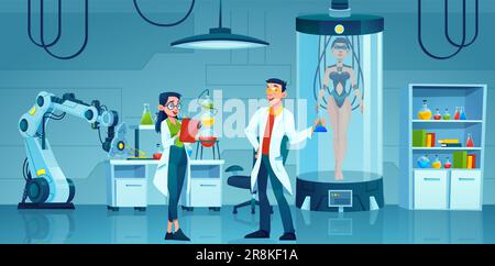 Vecteur d'un laboratoire scientifique et assistant et d'un homme de recherche excité avec flacon de laboratoire, main robotique, capsule pour les expériences Illustration de Vecteur