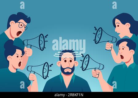 Vecteur d'un groupe de personnes criant dans les mégaphones à un type effrayé Illustration de Vecteur