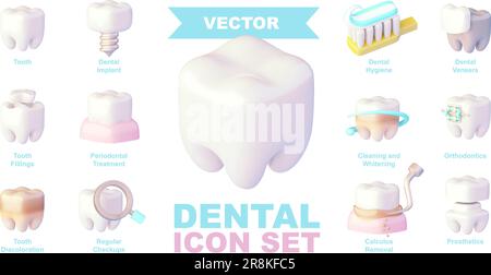 Ensemble d'icônes de soins dentaires vectoriels. Services de soins dentaires et d'orthodontie. Facettes en céramique dentaire, bretelles, prothèses, implants, blanchiment des dents Illustration de Vecteur