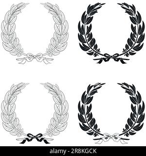 Motif vectoriel de couronne d'olive avec ruban, branche de Laurier avec ruban, lignes et styles de silhouette Illustration de Vecteur