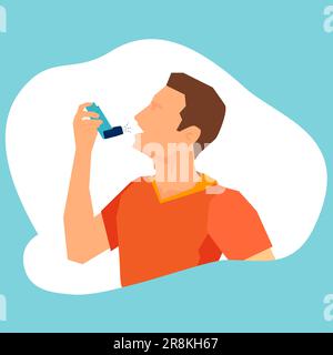 Vecteur d'un jeune homme asthmatique utilisant un inhalateur pour soulager l'attaque. Illustration de Vecteur