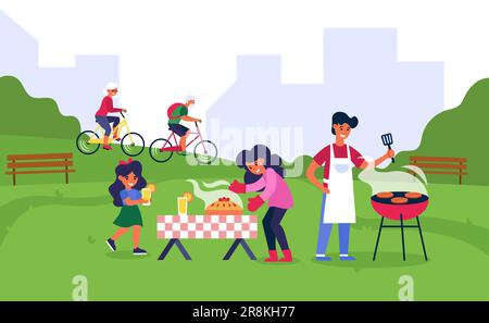 Famille ayant un barbecue dans le parc public Illustration de Vecteur