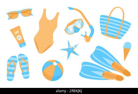 Ensemble d'articles de plage d'été dans les couleurs bleu et orange isolé sur fond blanc. Illustration vectorielle de style plat Illustration de Vecteur