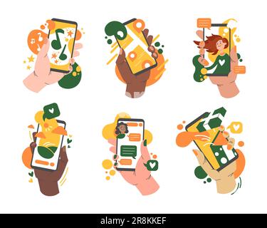 Plusieurs mains tenant des smartphones avec application Illustration de Vecteur