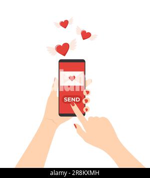 Mains tenant le téléphone mobile avec lettre d'amour sur l'écran et des coeurs ailés volants sur fond blanc. Envoi d'un message d'amour. Illustration vectorielle plate Illustration de Vecteur