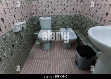 Image de l'intérieur des toilettes pour handicapés fraîchement nettoyées dans un hôpital, une clinique Banque D'Images