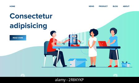 Enfants présentant le cyborg en classe robotique Illustration de Vecteur