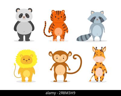 Animaux mignons de l'ensemble d'icônes de zoo plat Illustration de Vecteur