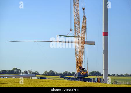 Site de construction d'éoliennes, grue soulève une lame pour l'installer sur la tour, l'industrie lourde pour l'électricité, l'énergie renouvelable et l'énergie, rur Banque D'Images