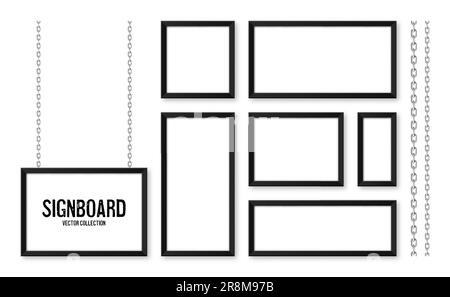 Enseignes noires accrochées à une chaîne métallique. Menu du restaurant. Maquette d'affiche moderne. Photo ou cadre photo vierge. Publicité ou présentation Illustration de Vecteur
