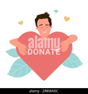 Homme embrassant le grand coeur avec le mot de don. Aide, aide humanitaire et soutien de volontaires illustration vectorielle plate. Illustration de Vecteur