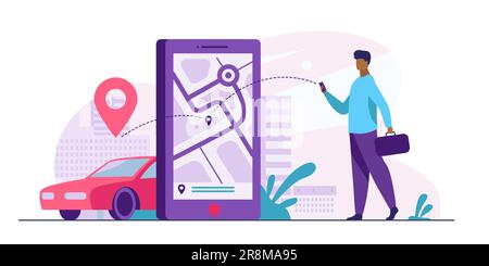 Client utilisant l'application en ligne pour commander un taxi ou louer une voiture Illustration de Vecteur