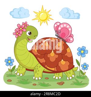 Bande dessinée tortue dans l'herbe avec un papillon sur son dos. Thème d'été. Pour la conception d'imprimés, d'affiches, de cartes, de puzzles pour enfants, etc. Vecteur Illustration de Vecteur
