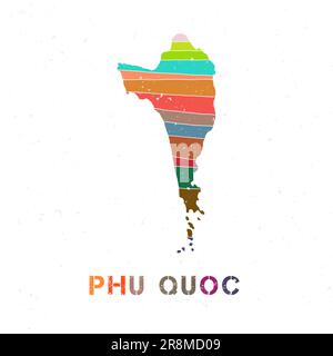 Carte Phu Quoc. Forme de l'île avec de belles vagues géométriques et texture grunge. Illustration vectorielle élégante. Illustration de Vecteur