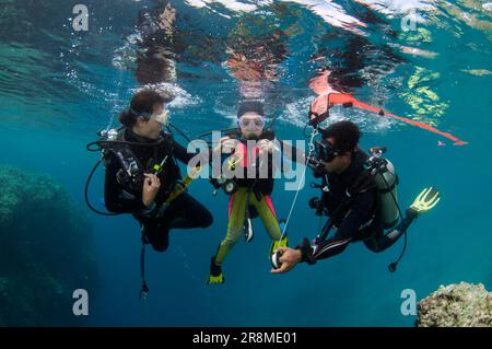 Fille de 8 ans et mère plongée avec un instructeur tenant des saucisses de sécurité, site de plongée post, île de Menjangan, Bali, Indonésie Banque D'Images