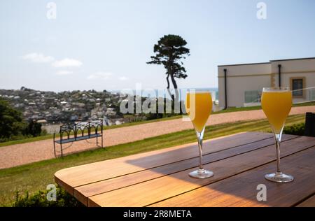 Une vue de l'arrière de l'hôtel Fowey Hall à Cornwall avec Bucks fizz sur une table au premier plan Banque D'Images