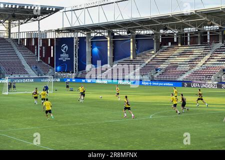 BUCAREST, ROUMANIE - 20 JUIN 2023 - les joueurs de l'équipe nationale ukrainienne U21 sont photographiés lors d'une session d'entraînement avant l'UEFA European 2023 Banque D'Images