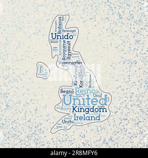 Royaume-Uni forme avec les noms de pays mot nuage dans plusieurs langues. Carte de la frontière du Royaume-Uni sur de charmants triangles dispersés autour. Bien organisé Illustration de Vecteur