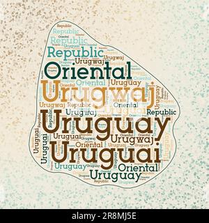 Uruguay forme avec les noms de pays nuage de mots en plusieurs langues. Carte de la frontière de l'Uruguay sur de charmants triangles dispersés autour. Illustration de Vecteur
