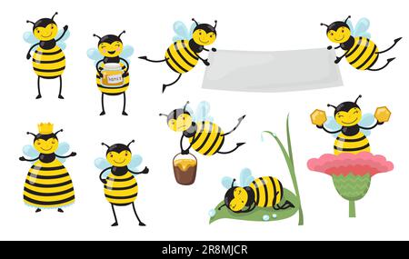 Drôle d'abeille de dessin animé dans différents ensembles d'actions Illustration de Vecteur