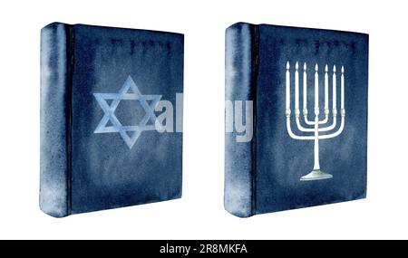 Livres de Torah avec menorah et étoile d'argent du symbole David sur la couverture aquarelle illustration pour Shabbat, Synagogue Banque D'Images