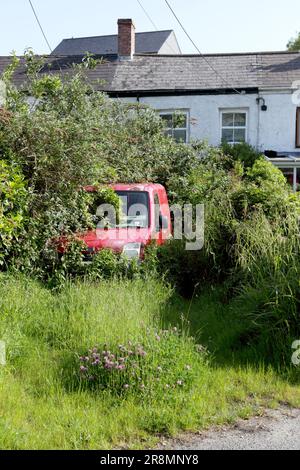 Un simple cottage Cornish, situé dans le charmant village de Brea, en Cornouailles, en Angleterre. Une camionnette rouge a été jetée sans cérémonie sur son allée. Banque D'Images