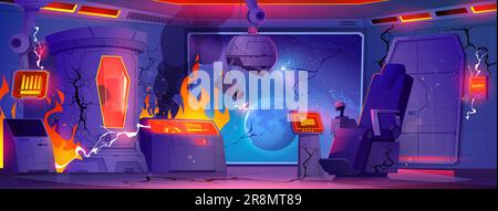 Fumée au feu dans un laboratoire cryogénique avec fond de capsule de dessin animé. Salle intérieure futuriste de laboratoire de cryogénie brisé après accident. Expérience d'hibernation Illustration de Vecteur