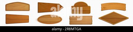 Ensemble réaliste de plaques et enseignes en bois isolées sur fond transparent. Illustration vectorielle d'une maquette de plaque vierge en chêne naturel, Illustration de Vecteur