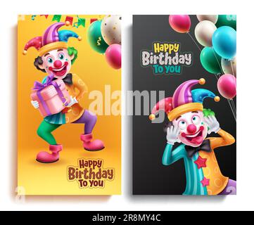 Joyeux anniversaire ensemble de vecteur poster design. Carte d'invitation d'anniversaire avec personnage clown drôle pour la collection de mise en page d'événement et d'occasion. Vecteur Illustration de Vecteur